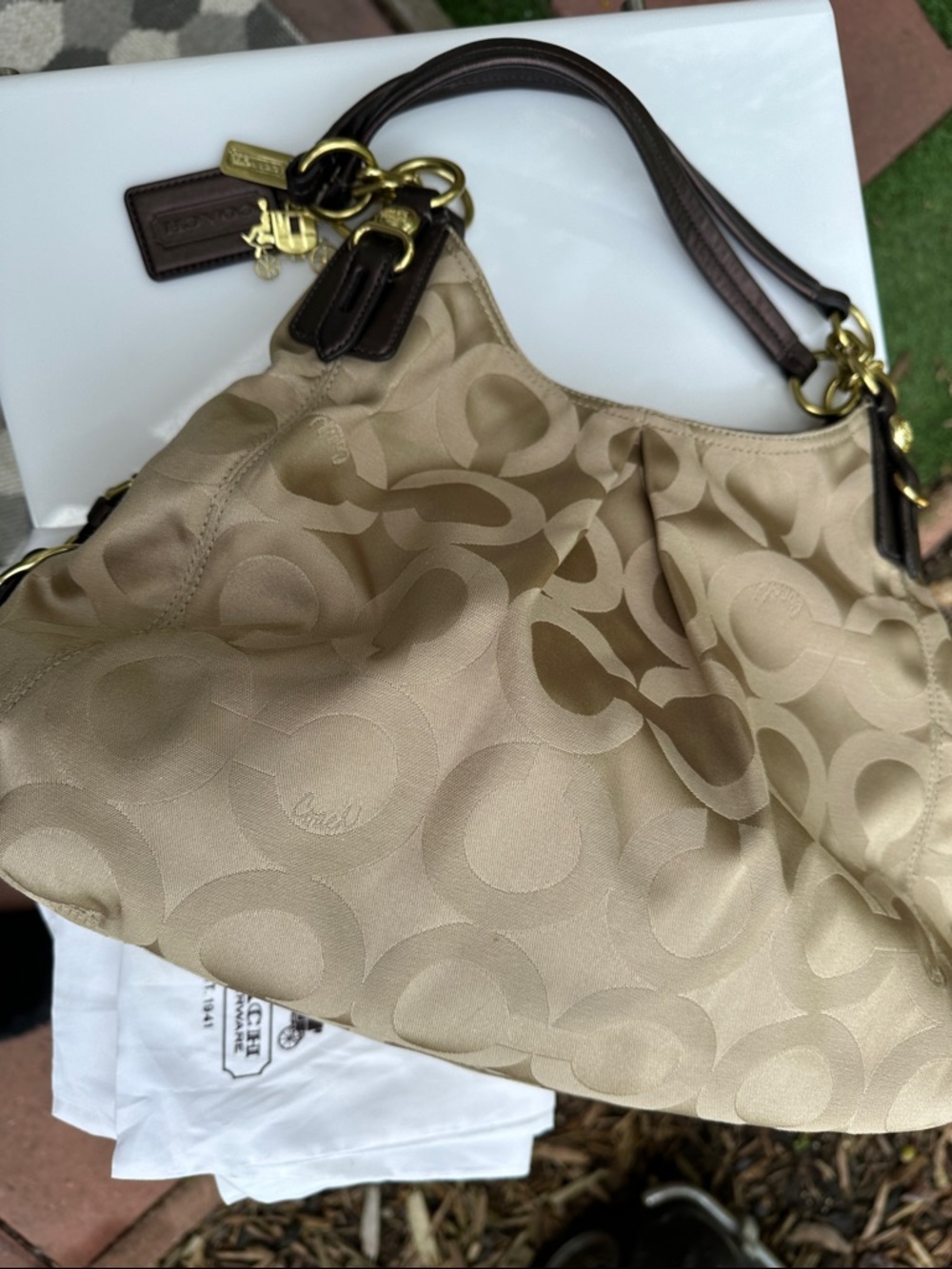 Coach Tan Signature Jacquard Shoulder Bag with Brown Leather Trim